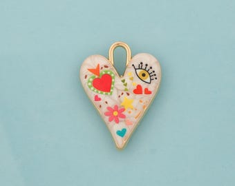 Gold Enamel Heart Charms,Evil Eye Jewelry,Flower Pendant for DIY Jewelry Making,18K Gold