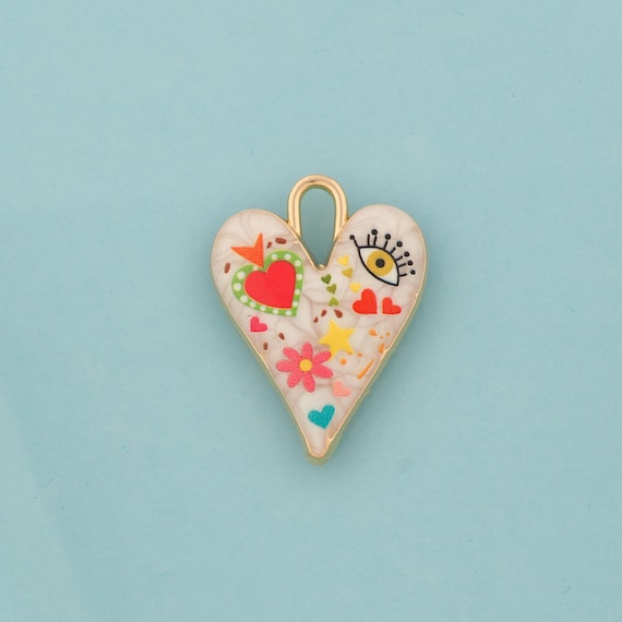 Gold Enamel Heart Charms,Evil Eye Jewelry,Flower Pendant for DIY Jewelry Making,18K Gold