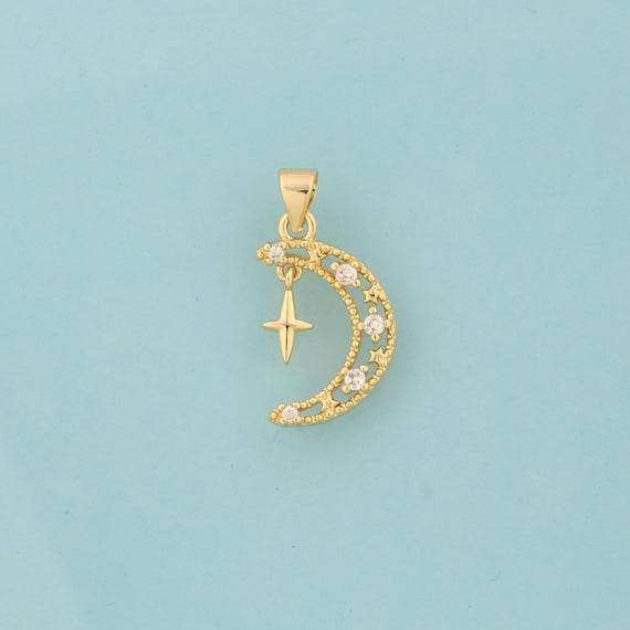 Gold CZ Moon Charms,Star Jewelry,Moon Pendant for DIY Jewelry Making,18K Gold