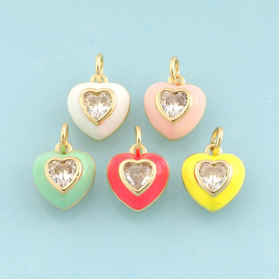 Gold CZ Heart Charms,Heart Jewelry,Enamel Heart Pendant for DIY Jewelry Making,18K Gold