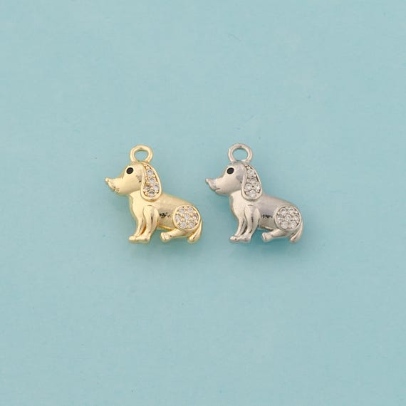 Gold CZ Dog Charms,Animal Jewelry,Dog Pendant for DIY Jewelry Making,18K Gold