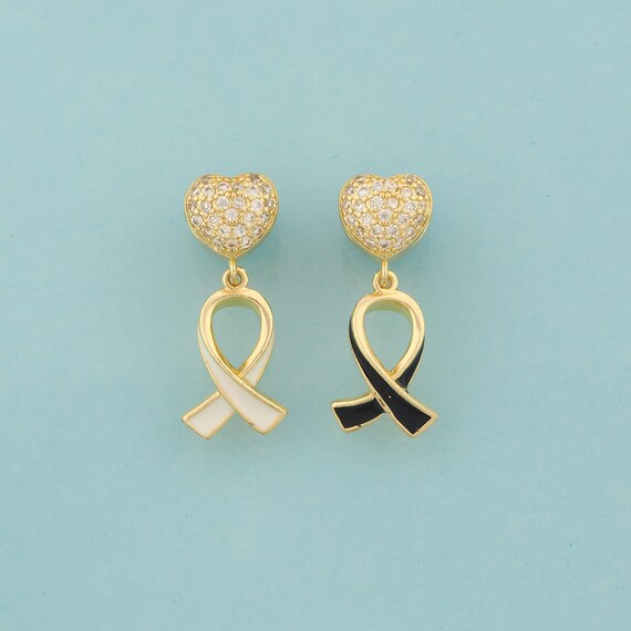 Gold Enamel Breast Cancer Awareness Silk Ribbon Charms,Symbol Jewelry,CZ Heart Pendant for DIY Jewelry Making,18K Gold