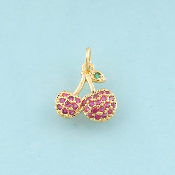 Gold CZ Cherry Charms,Fruit Jewelry,Cherry Pendant for DIY Jewelry Making,18K Gold