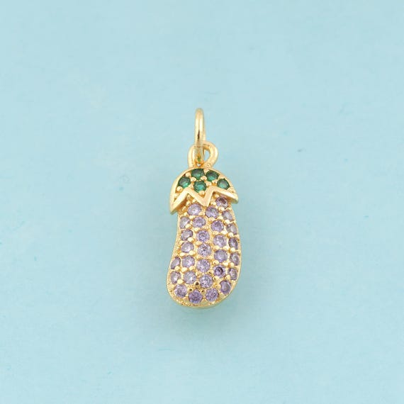 Gold CZ Eggplant Charms,Vegetable Jewelry,Eggplant Pendant for DIY Jewelry Making,18K Gold