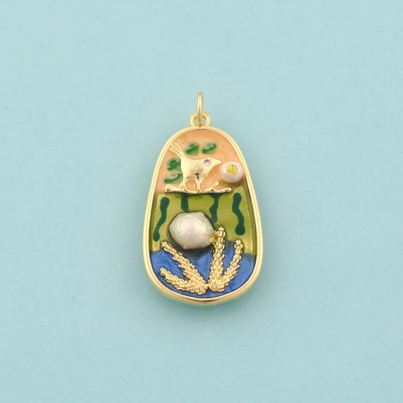 Gold Bird Charms,Coral Jewelry,Enamel Animal Pendant for DIY Jewelry Making,18K Gold