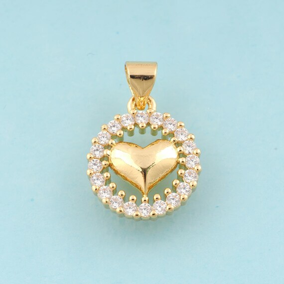 Gold CZ Heart Charms,Round Jewelry,Heart Pendant for DIY Jewelry Making,18K Gold