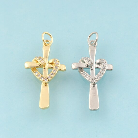 Gold CZ Cross Charms,Religious Jewelry,Heart Pendant for DIY Jewelry Making,18K Gold & Rhodium