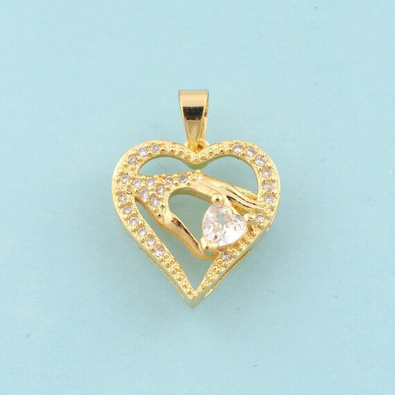 Gold CZ Heart Charms,Gesture Jewelry,Heart Pendant for DIY Jewelry Making,18K Gold