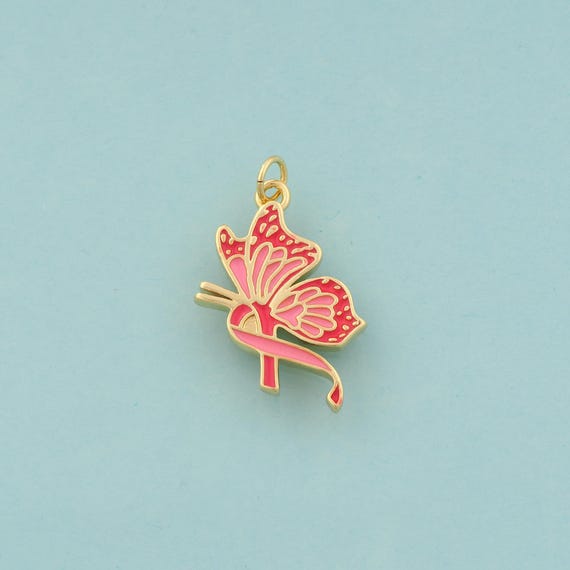 Gold Enamel Breast Cancer Awareness Silk Ribbon Charms,Symbol Jewelry,Butterfly Pendant for DIY Jewelry Making,18K Gold