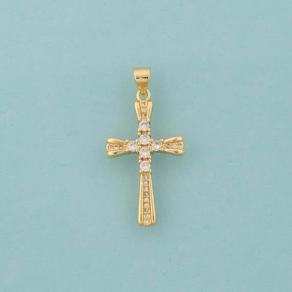 Gold CZ Cross Charms,Religious Jewelry,Christian Pendant for DIY Jewelry Making,18K Gold