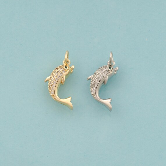 Gold CZ Dolphin Charms,Marine Life Jewelry,Dolphin Pendant for DIY Jewelry Making,18K Gold