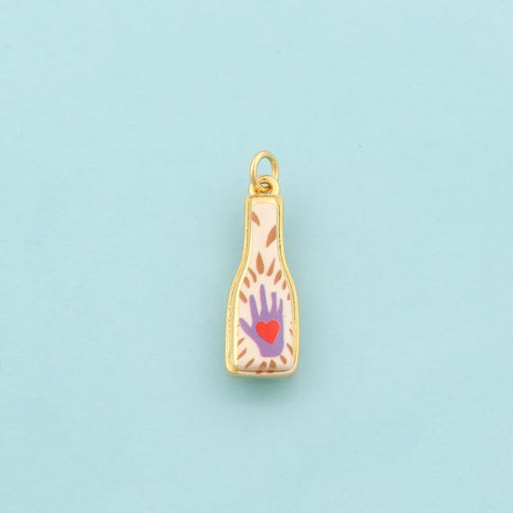 Gold Enamel Wine Bottle Charms,Hand Heart Jewelry,Wine Bottle Pendant for DIY Jewelry Making,18K Gold
