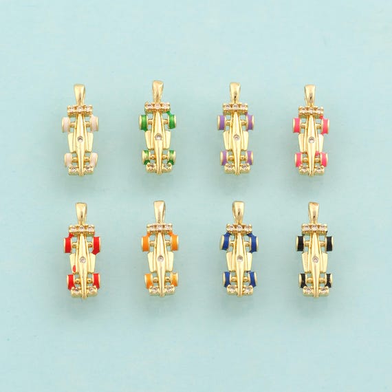 Gold CZ Racing Charms,F1 Racing Jewelry,Enamel Racing Pendant for DIY Jewelry Making,18K Gold