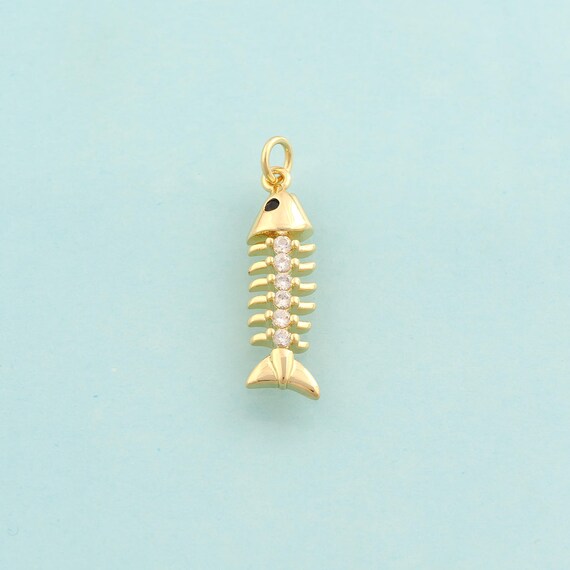 Gold CZ Fishbone Charms,Fishbone Jewelry,Fishbone Pendant for DIY Jewelry Making,18K Gold