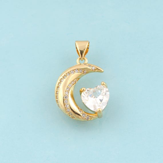 Gold CZ Crescent Moon Charms,Heart Jewelry,Celestial Pendant for DIY Jewelry Making,18K Gold