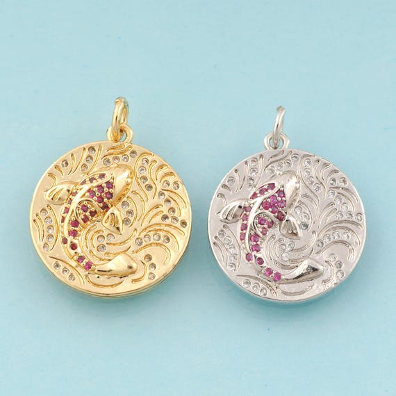 Gold CZ Fish Charms,Round Jewelry,Fish Pendant for DIY Jewelry Making,18K Gold & Rhodium