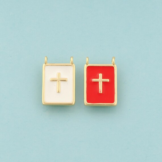 Gold Cross Charms,Square Jewelry,Enamel Christian Pendant for DIY Jewelry Making,18K Gold