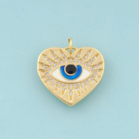 Gold CZ Heart Charms,Evil Eye Jewelry,Enamel Devil Eye Pendant for DIY Jewelry Making,18K Gold