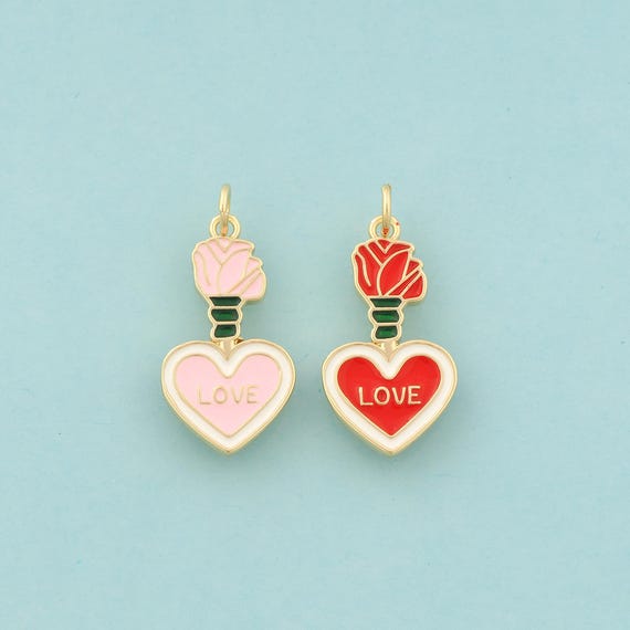 Gold Heart Charms,Love Jewelry,Enamel Flower Pendant for DIY Jewelry Making,18K Gold