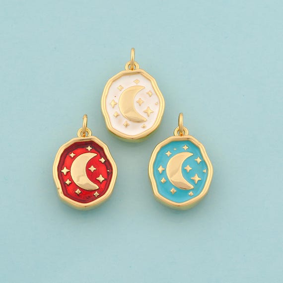 Gold Crescent Moon Charms,Celestial Jewelry,Enamel Star Pendant for DIY Jewelry Making,18K Gold