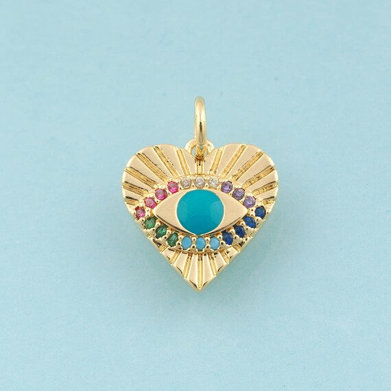 Gold CZ Heart Charms,Evil Eye Jewelry,Devil Eye Pendant for DIY Jewelry Making,18K Gold