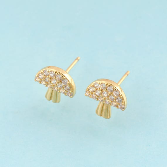 Gold CZ Mushroom Stud Earrings,Vegetable Jewelry Stud Earrings,Mushroom Stud Earrings,Gift for Her,18K Gold
