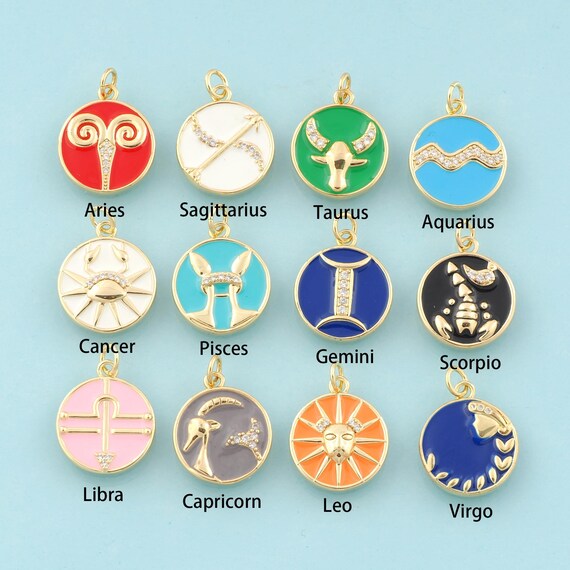 Gold CZ Zodiac Constellation Charms,Astrological Jewelry,Enamel Horoscope Pendant for DIY Jewelry Making,18K Gold