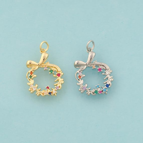 Gold CZ Wreath Charms,Bow Jewelry,Wreath Pendant for DIY Jewelry Making,18K Gold
