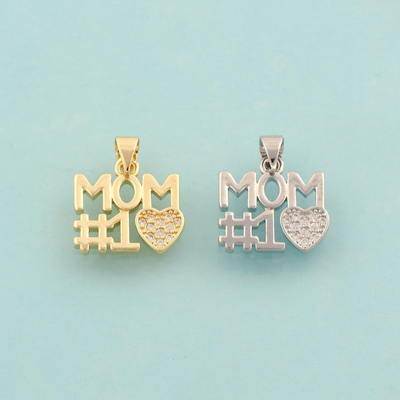 Gold CZ MOM Charms,Heart Jewelry,Letter Pendant for DIY Jewelry Making,18K Gold