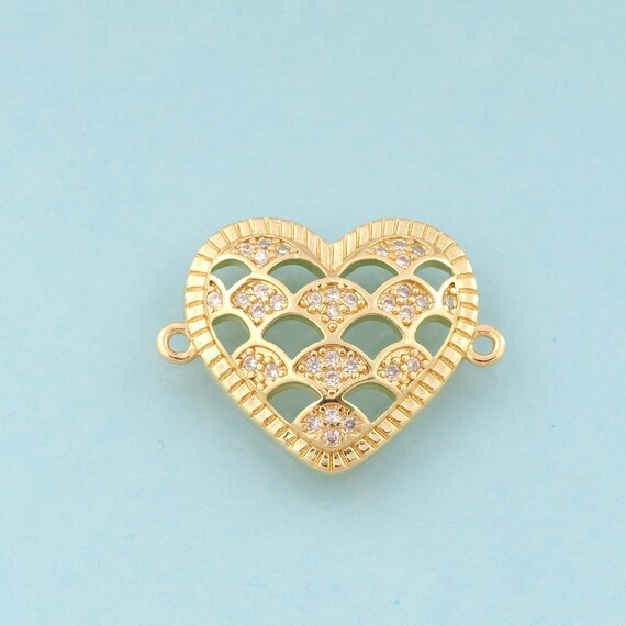 Gold CZ Heart Connector,Heart Jewelry Connector,Heart Connector for DIY Jewelry Making,18K Gold