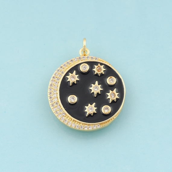 Gold CZ Moon Charms,Round Jewelry,Enamel Star Pendant for DIY Jewelry Making,18K Gold