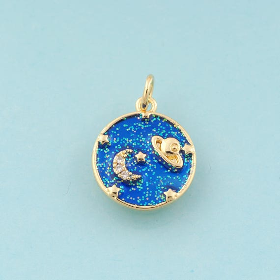 Gold Enamel Saturn Charms,Moon Jewelry,Star Pendant for DIY Jewelry Making,18K Gold