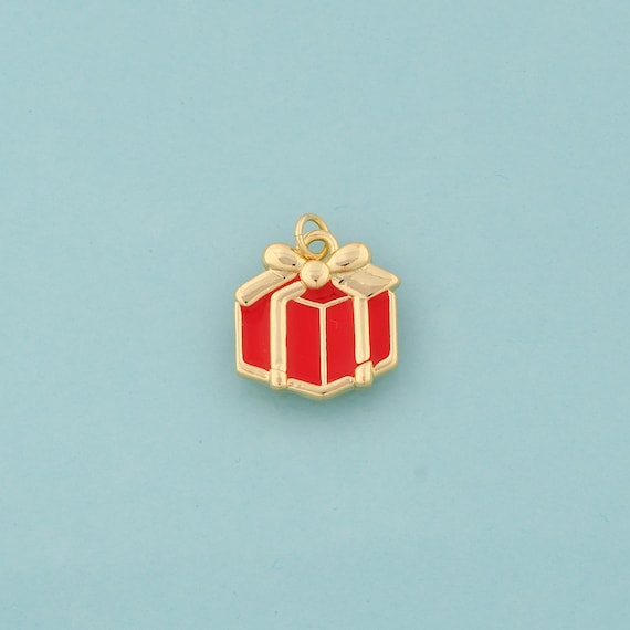 Gold Enamel Gift Box Charms,Bow Jewelry,Gift Box Pendant for DIY Jewelry Making,18K Gold