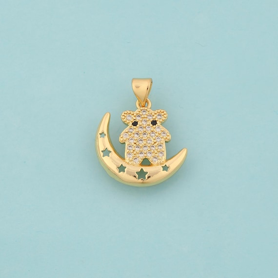 Gold CZ Crescent Moon Charms,Celestial Jewelry,Bear Pendant for DIY Jewelry Making,18K Gold