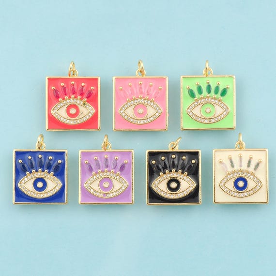 Gold CZ Square Charms,Evil Eye Jewelry,Enamel Devil Eye Pendant for DIY Jewelry Making,18K Gold