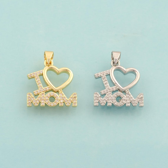 Gold CZ I Love MOM Charms,Heart Jewelry,Letter Pendant for DIY Jewelry Making,18K Gold