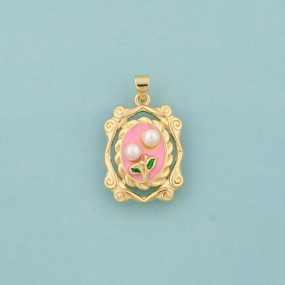 Gold Enamel Flower Charms,Mirror Jewelry,Flower Pendant for DIY Jewelry Making,18K Gold