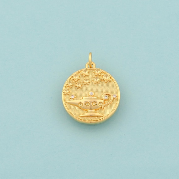 Gold CZ Aladdin Magic Lamp Charms,Star Jewelry,Round Pendant for DIY Jewelry Making,18K Gold