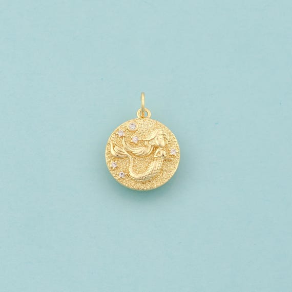 Gold CZ Mermaid Charms,Fantasy Creature Jewelry,Round Pendant for DIY Jewelry Making,18K Gold
