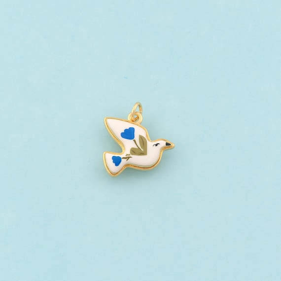 Gold Peace Dove Charms,Flower Jewelry,Enamel Animal Pendant for DIY Jewelry Making,18K Gold