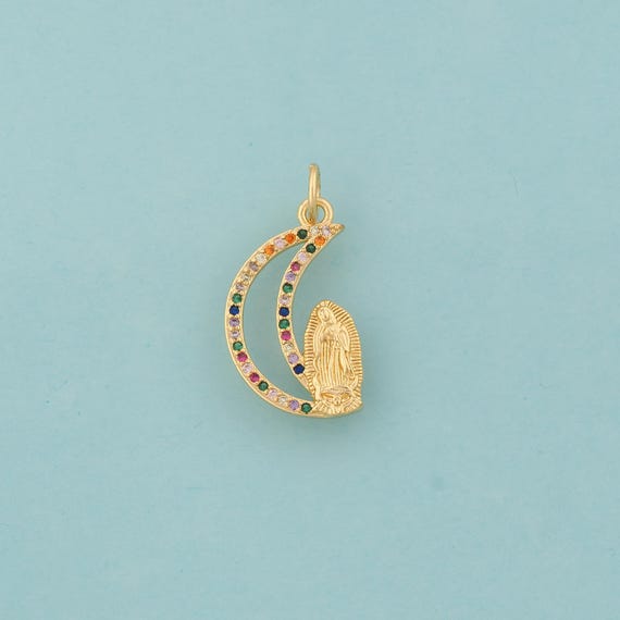 Gold CZ Virgin Mary Charms,Moon Jewelry,Catholic Pendant for DIY Jewelry Making,18K Gold
