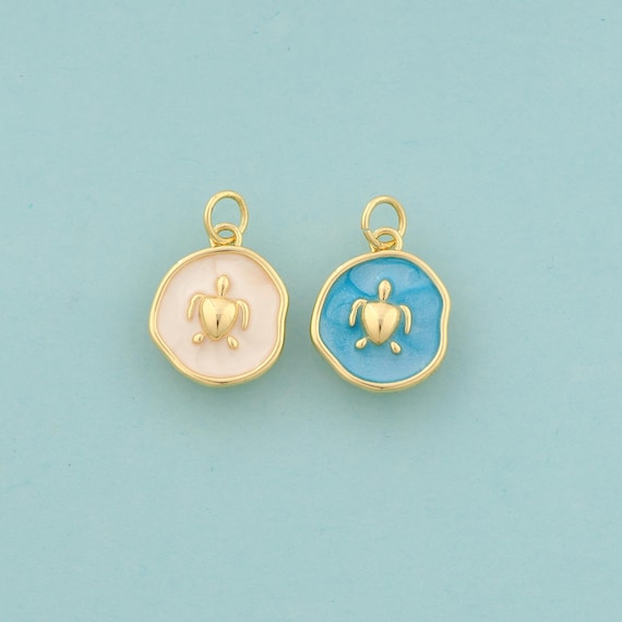 Gold Turtle Charms,Animal Jewelry,Enamel Round Pendant for DIY Jewelry Making,18K Gold
