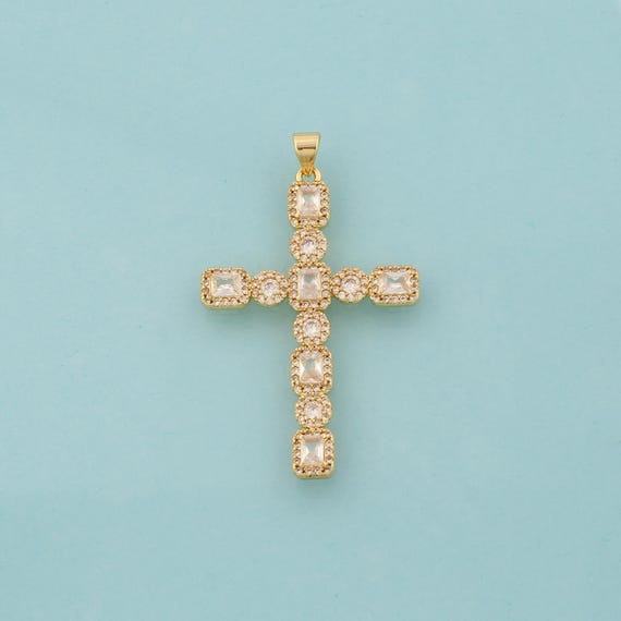 Gold CZ Cross Charms,Religious Jewelry,Christian Pendant for DIY Jewelry Making,18K Gold