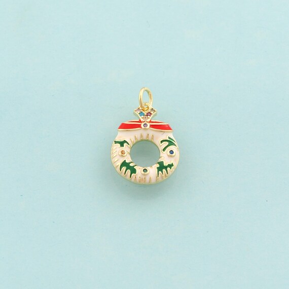Gold CZ Christmas Donut Charms,Christmas Jewelry,Enamel Donut Pendant for DIY Jewelry Making,18K Gold