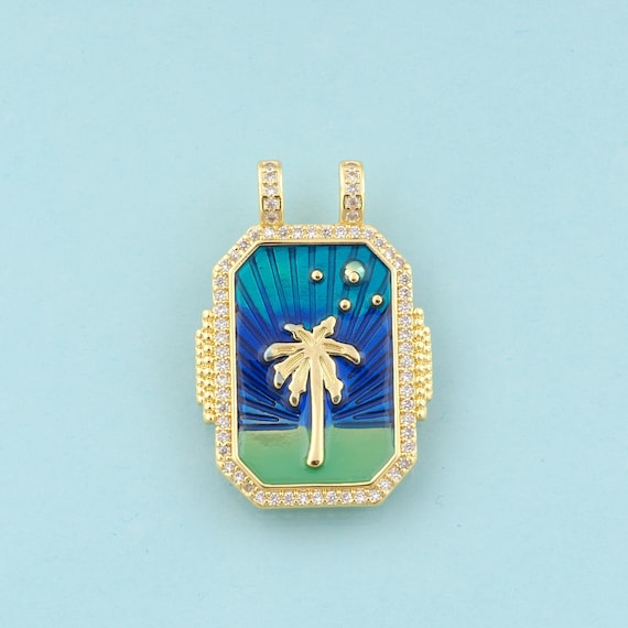 Gold CZ Coconut Tree Charms,Tree Jewelry,Enamel Square Pendant for DIY Jewelry Making,18K Gold