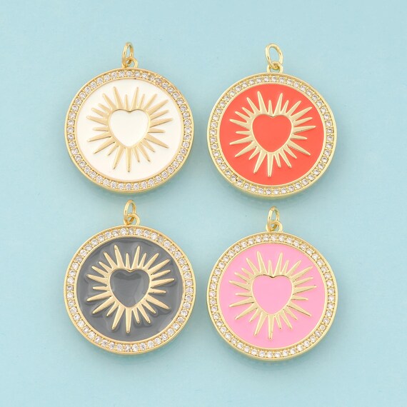 Gold CZ Heart Charms,Round Jewelry,Enamel Heart Pendant for DIY Jewelry Making,18K Gold