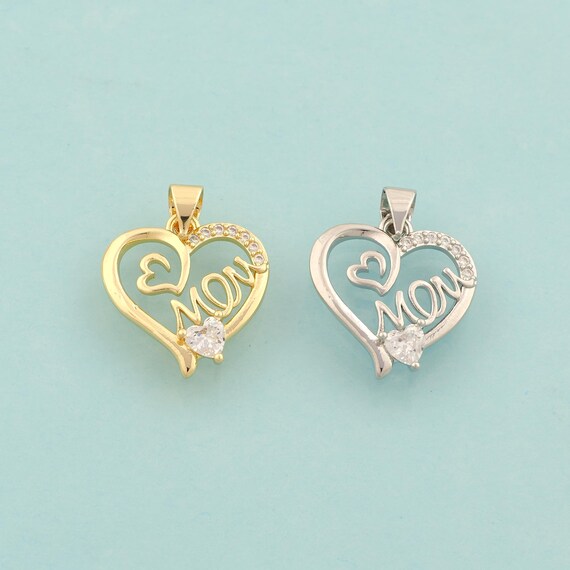 Gold CZ MOM Charms,Heart Jewelry,Letter Pendant for DIY Jewelry Making,18K Gold