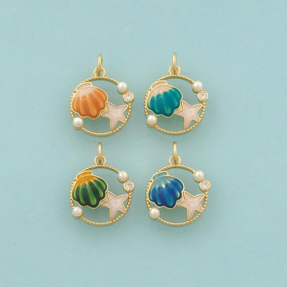 Gold CZ Shell Charms,Starfish Jewelry,Enamel Oyster Pendant for DIY Jewelry Making,18K Gold