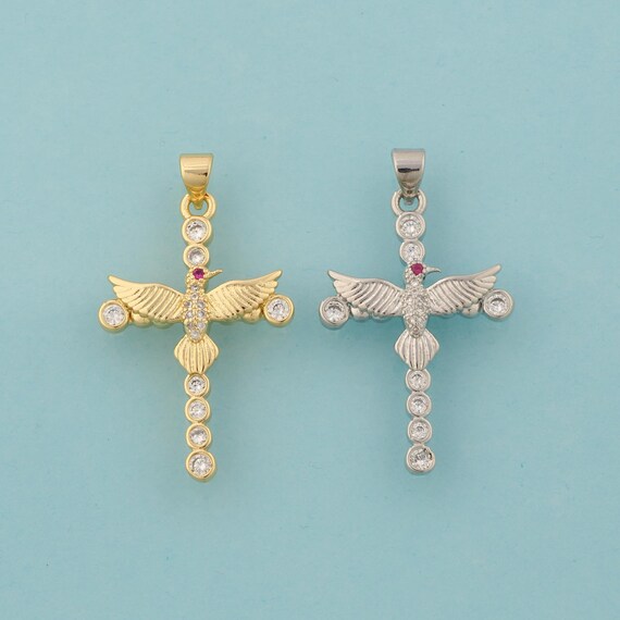 Gold CZ Cross Charms,Holy Spirit Dove Jewelry,Christian Pendant for DIY Jewelry Making,18K Gold