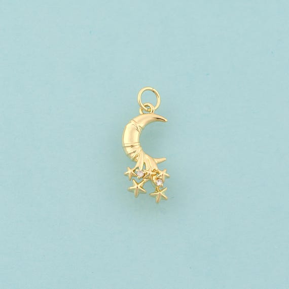 Gold CZ Crescent Moon Charms,Celestial Jewelry,Star Pendant for DIY Jewelry Making,18K Gold